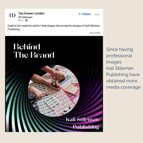 "Behind the Brand" Press Coverage Post for Kali Stileman Publishing from Top Drawer London on LinkedIn
