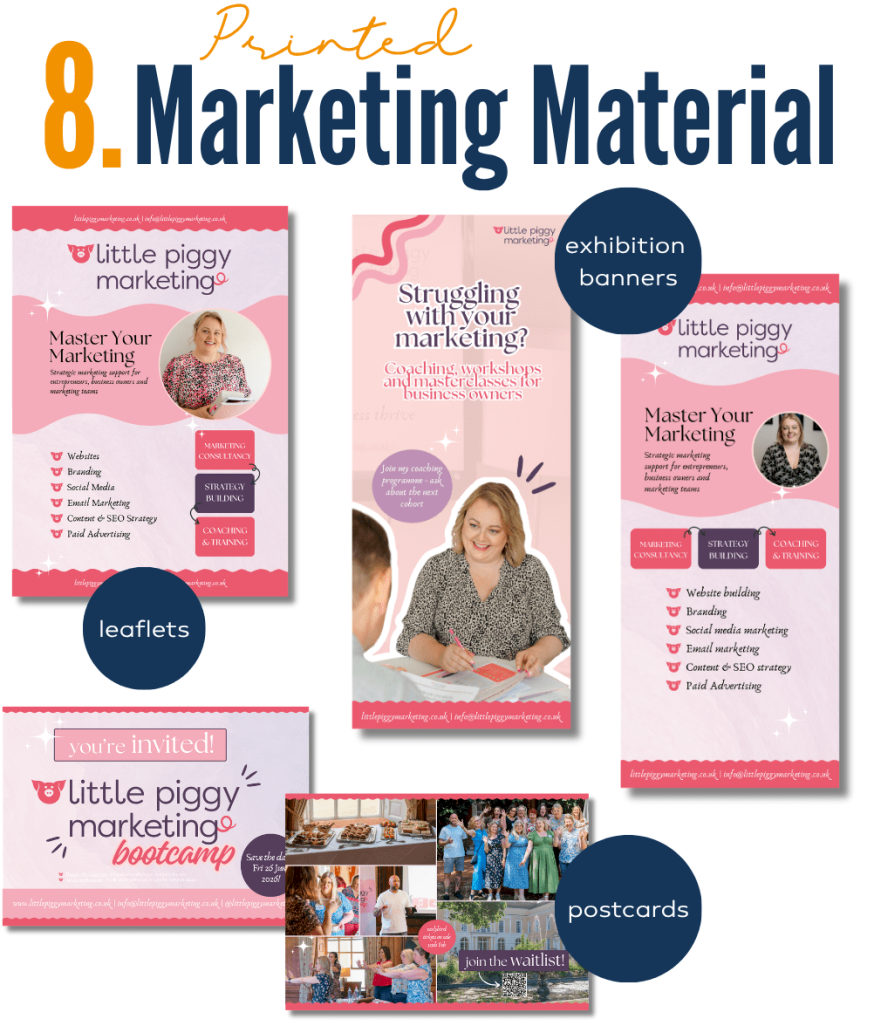 Examples of how to use branding photos on promotional graphics and printed marketing material